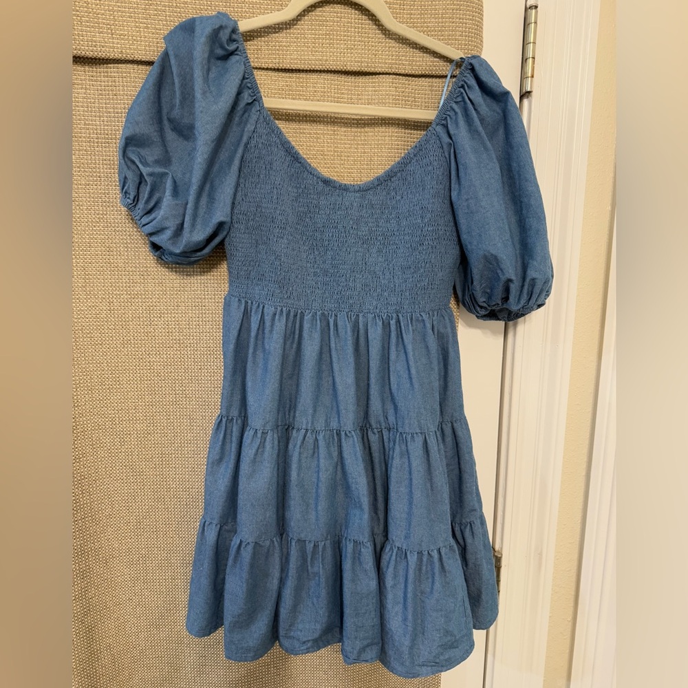 A. Calin by Flying Tomato denim Jean Puff Sleeve tiered Dress